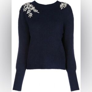 Veronica Beard Navy Crystal Embellished V-Back Sweater‎ XS Rhinestone Applique